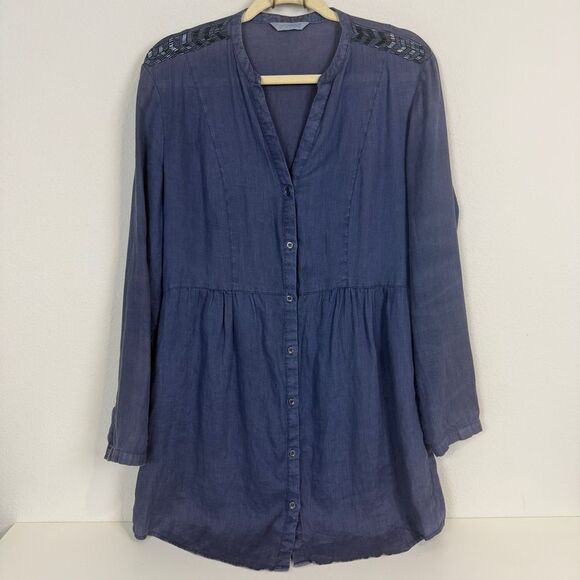 Promod Navy Linen Embellished Shirt Dress L - Picture 1 of 11